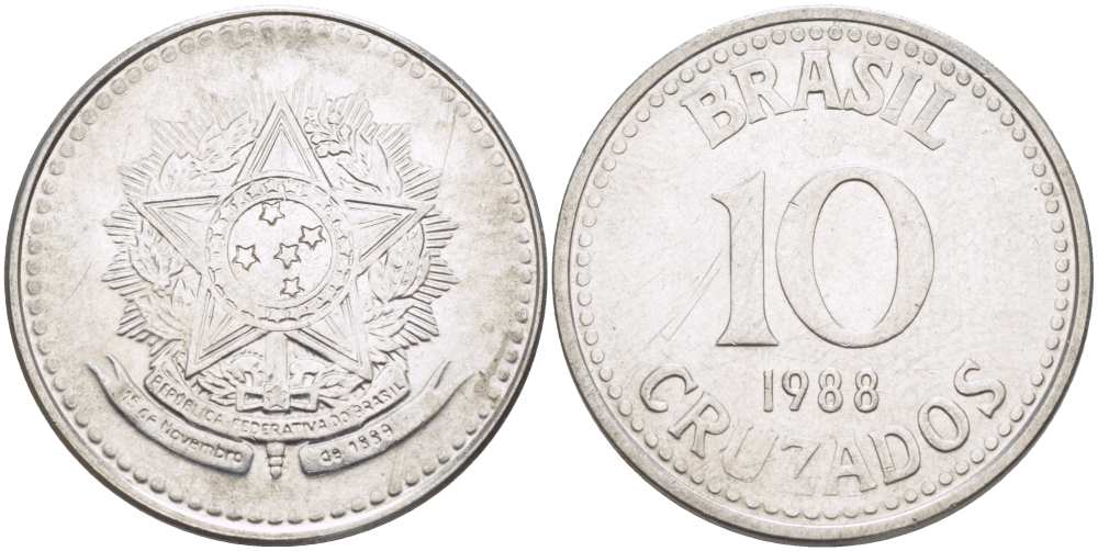 Бразилия 10 крузадо 1988 реформа 1986-1989 KM 607 нержавеющая сталь 177-734