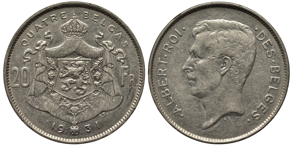 БЕЛЬГИЯ 20 ФРАНКОВ 1931 АЛЬБЕРТ, DES BELGES КМ 101.1 никель 443-414