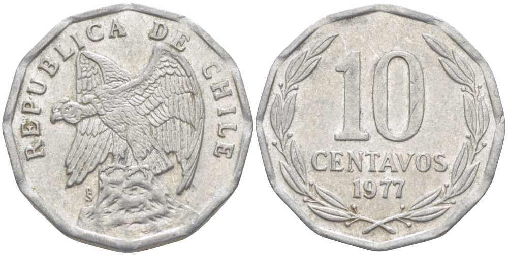 Чили 10 сентаво 1977 KM 205a алюминий 4402-355