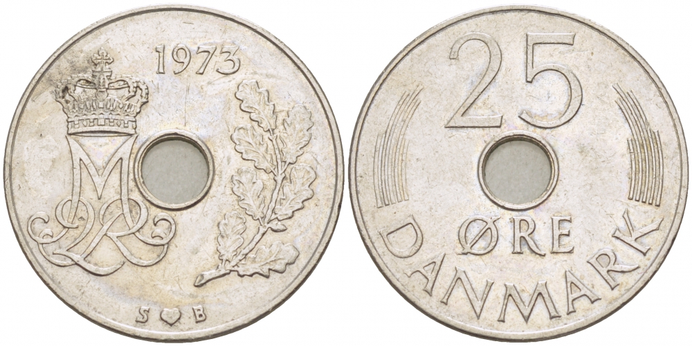 Дания 25 эре 1973 S; B, Маргрете II (1972- ) KM 861.1 медно-никель 4402-1245