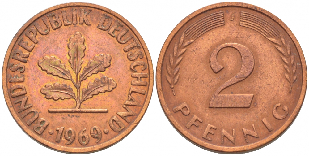 ФРГ 2 ПФЕННИГА 1969 J KM 106a, J.381a сталь плакированная сталь плакированная медьюю 4396-1561
