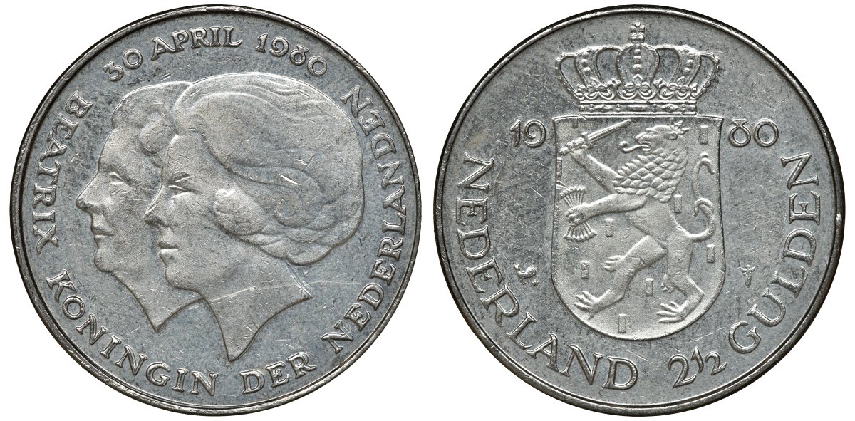 Нидерланды 2 1/2 гульдена 1980 коронация Беатрикс, 30 апреля 1980 KM 201 никель 72-1217