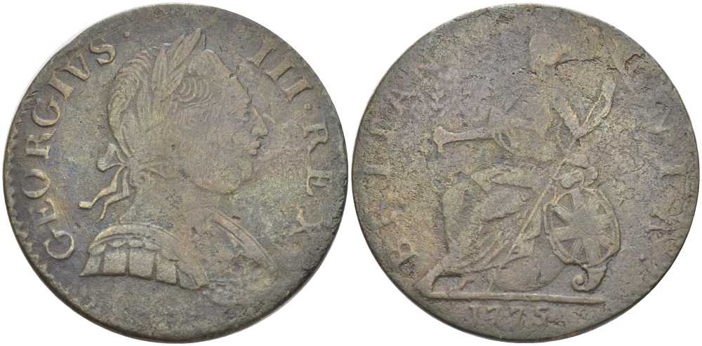 Великобритания 1/2 пенни 1775 Георг III (1760-1820) KM 601, Spink 3774 медь 109-1246