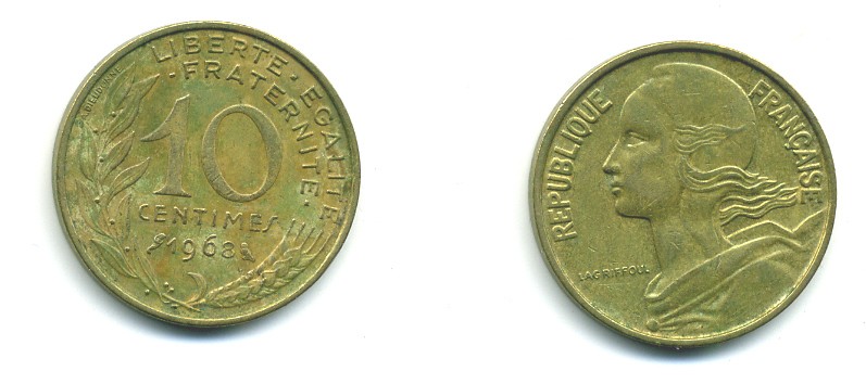 ФРАНЦИЯ 10 САНТИМОВ 1968 ТИП MARIANNE KM 929, LE FRANC 144.8 алюминиевая бронза 84-1614