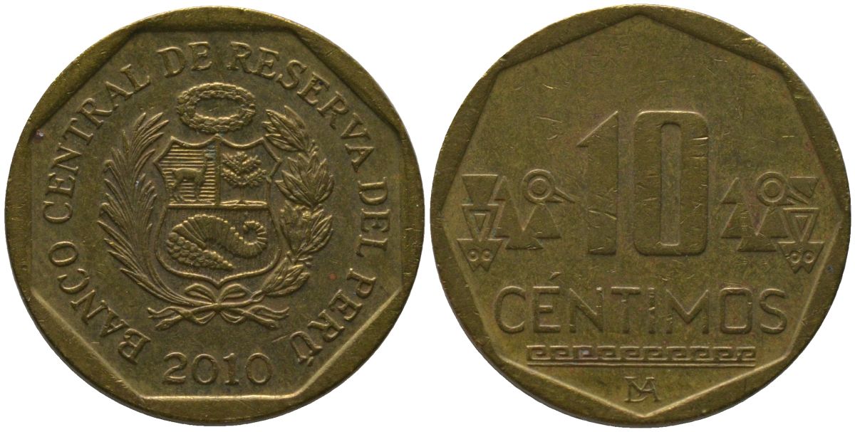 Перу 10 сентимо 2010 LIMA KM 305.4, Schon 104 латунь 4543-925