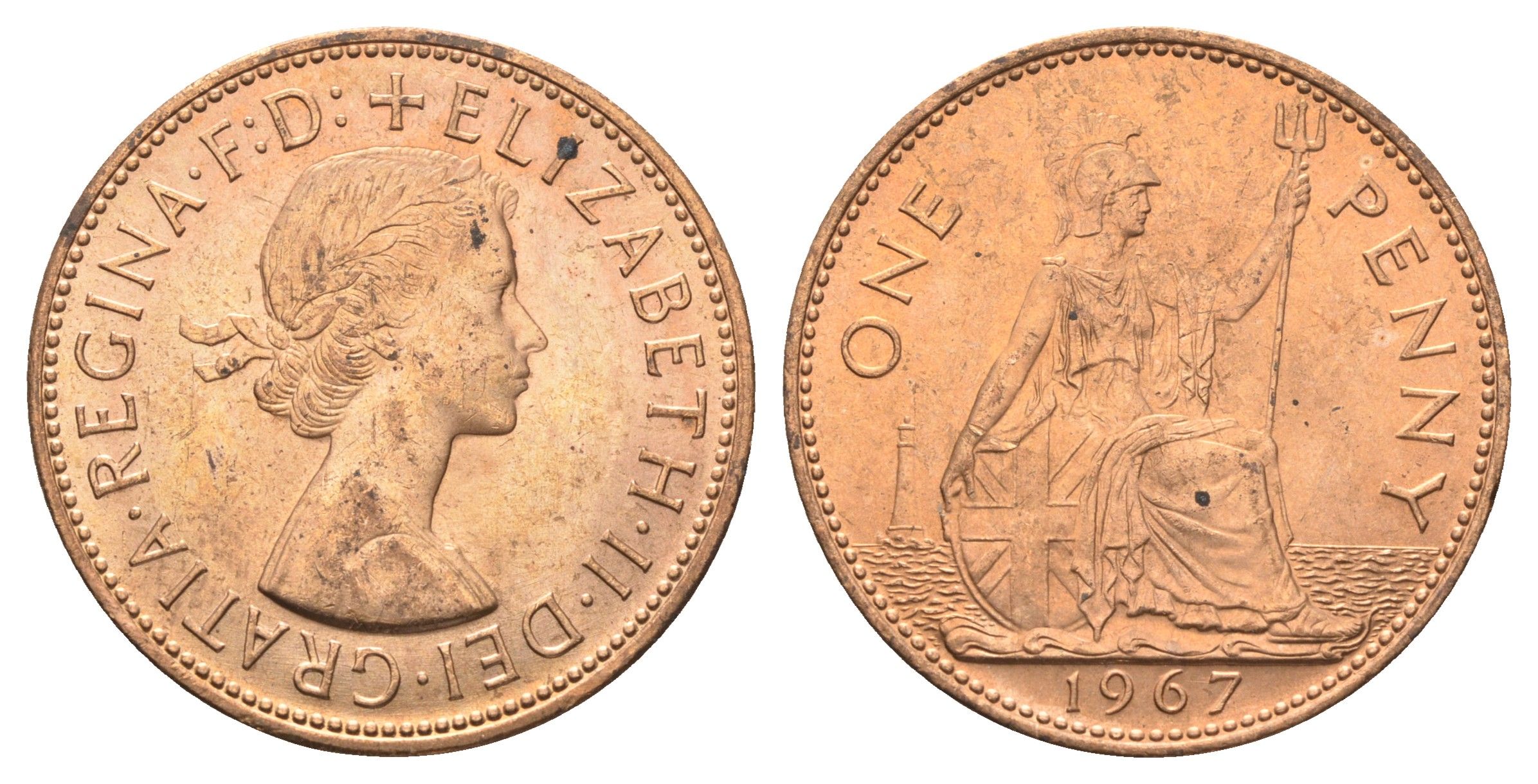 Великобритания 1 пенни 1967 Елизавета II (1952-2022) KM 897, Spink 4157 бронза UNC 4661-945