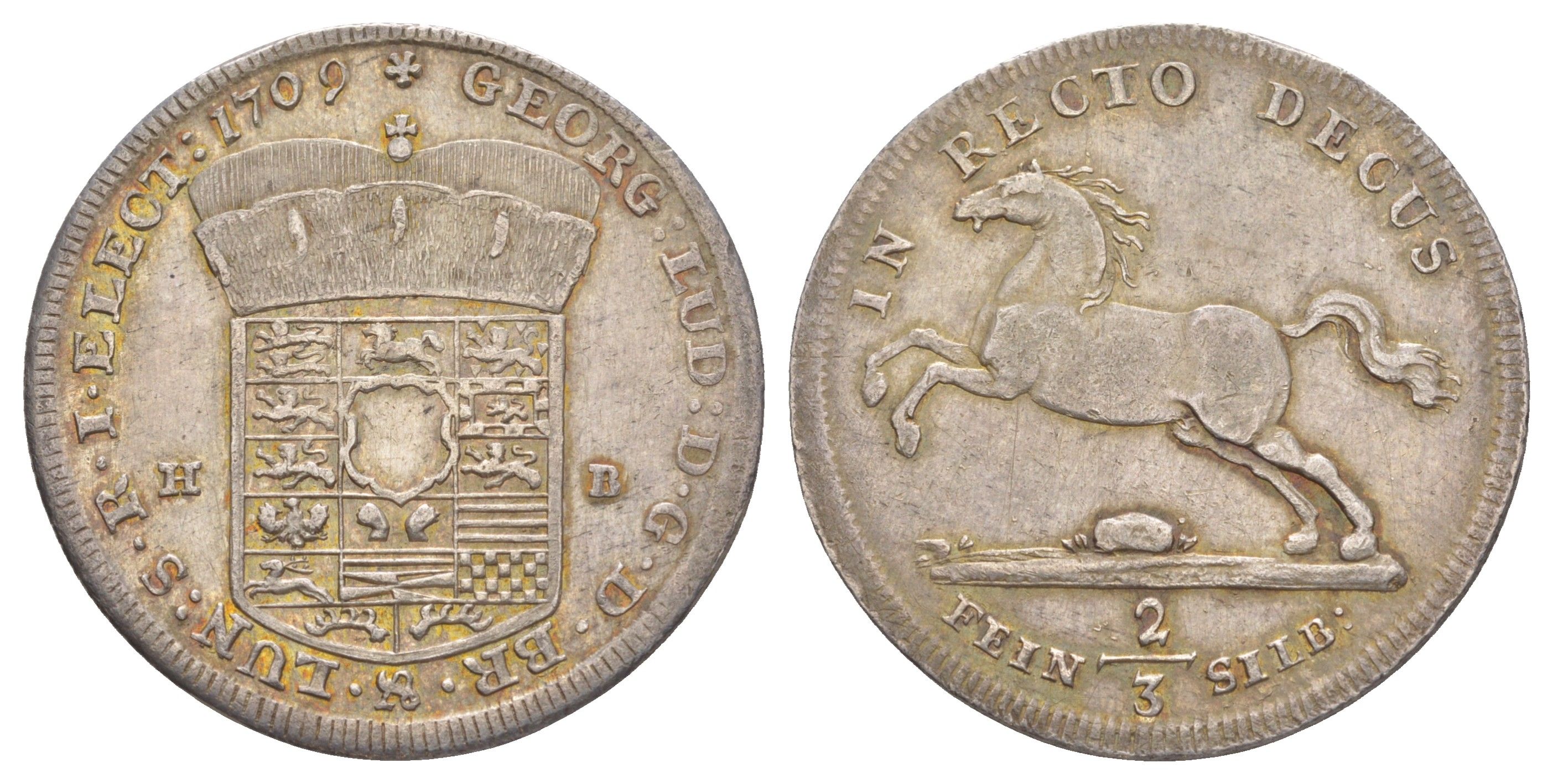 Брауншвейг-Каленберг-Ганновер 2/3 талера 1709 HB, Георг I (1698-1727), из коллекции Ричарда Б. Смита Davenport 419, KM 48 Welter 2154 серебро 00-821-22