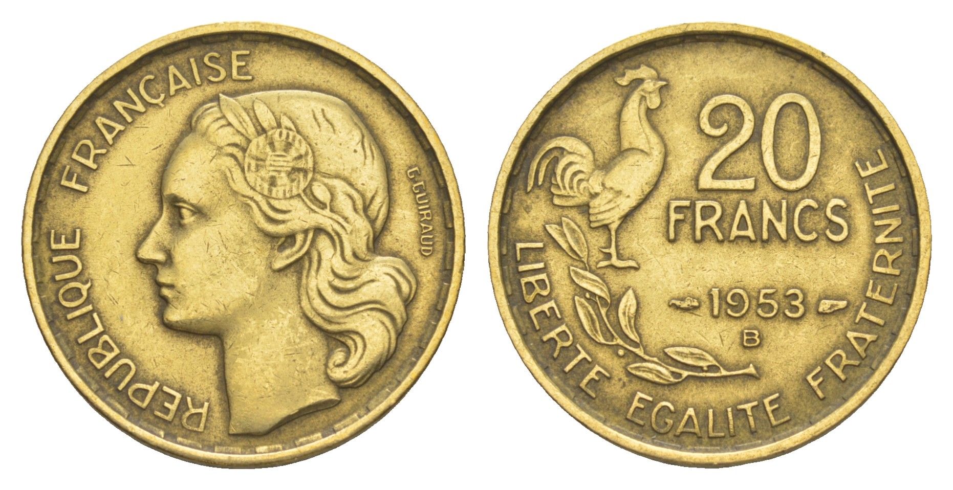 Франция 20 франков 1953 B KM 917 алюминиевая бронза 4543-525