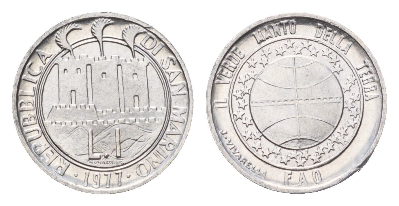 Сан-Марино 1 лира 1977 Экология KM 63 алюминий UNC 4164-646