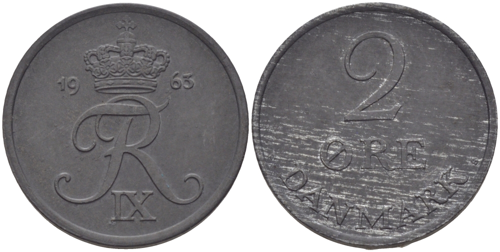 ДАНИЯ 2 ЭРЕ 1963 C; S, ФРЕДЕРИК IX (1947-1972) KM 840.2 цинк UNC 28-353