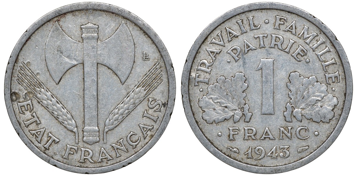 Франция 1 франк 1943 правительство Виши KM 902.1, Le Franc 223.3 алюминий 4163-425