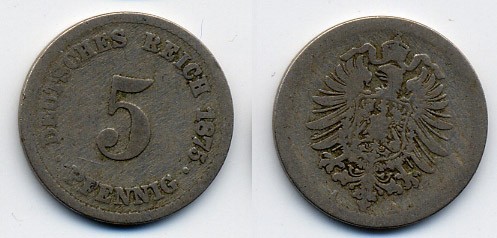 ГЕРМАНИЯ 5 ПФЕННИГОВ 1875 A, СТАРОГЕРБОВКА KM 3, J.3 медно-никель 46-423
