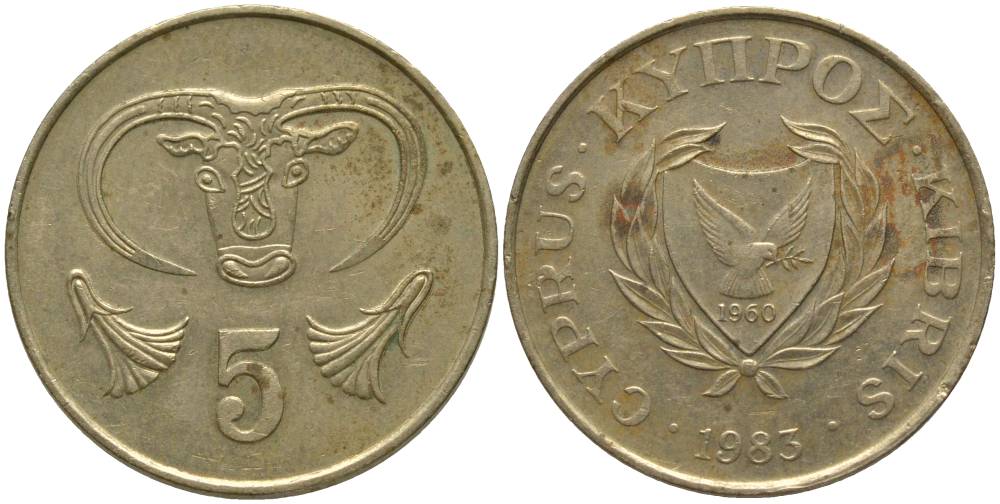 Кипр 5 центов 1983 голова быка KM 55.1 никель латунь 181-511