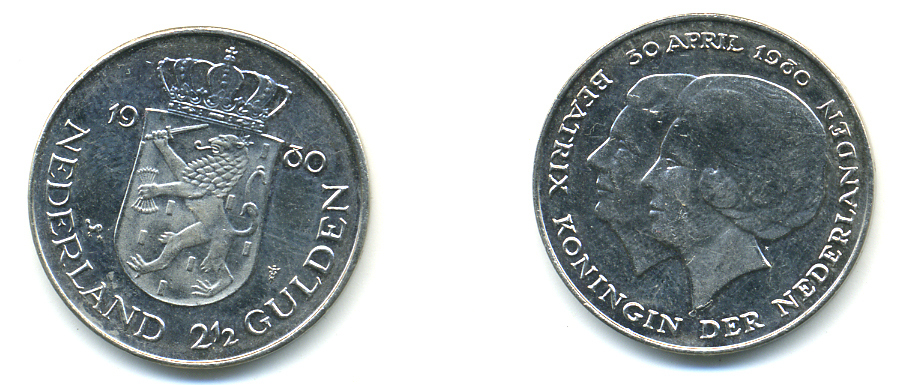 Нидерланды 2 1/2 гульдена 1980 коронация Беатрикс, 30 апреля 1980 KM 201 никель 83-643