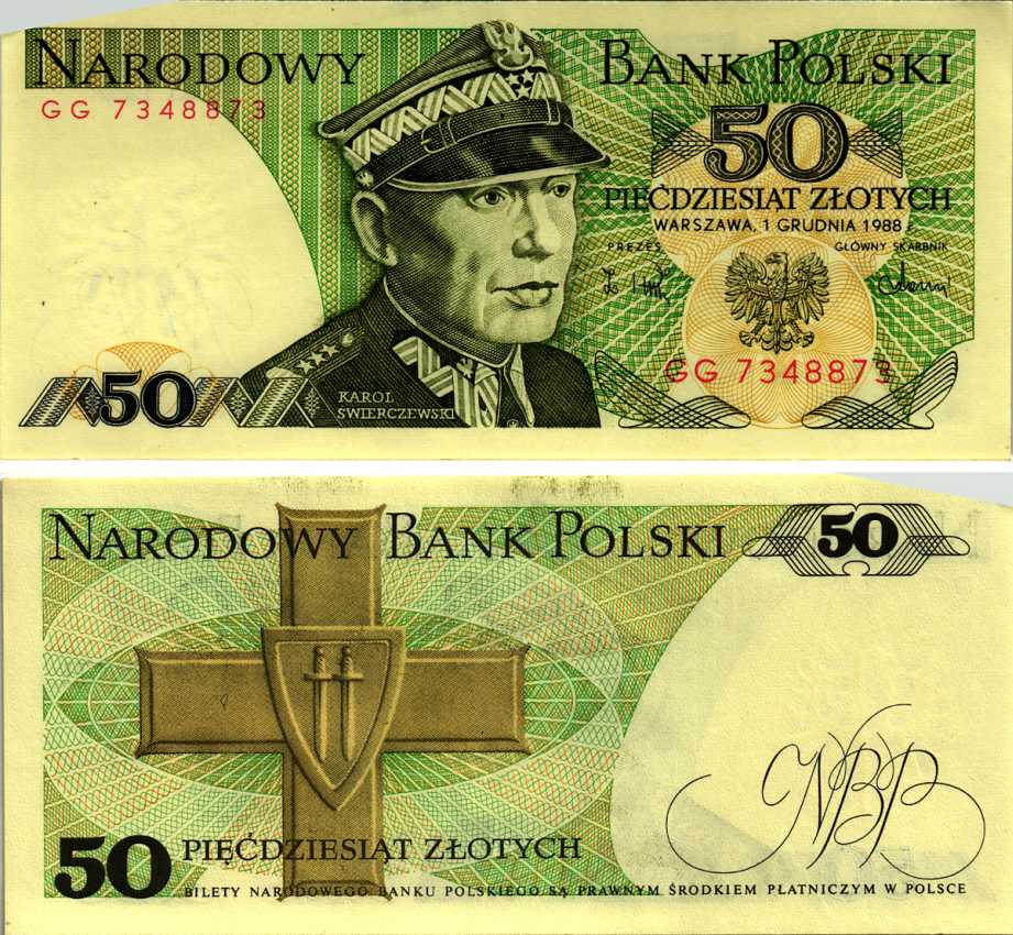 Польша 50 злотых 1988 Кароль Сверчевский, знак Грюнвальдского ордена Pick 142 c бумага аUNC 8607-71-3-1