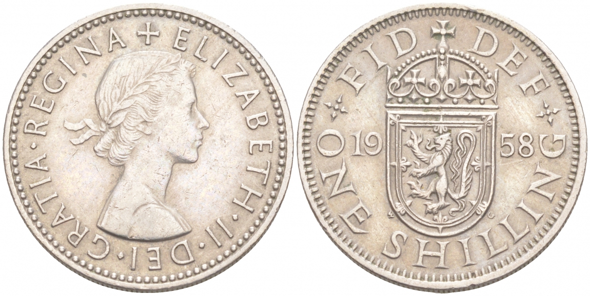 Великобритания 1 шиллинг 1958 Елизавета II (1952-2022), Шотландский герб KM 905, Spink 4148 медно-никель 68-137