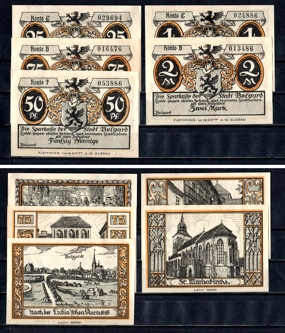 Белгард (Пруссия, Померания) полный набор из 5 нотгельдов (25, 50 и 75 пфеннигов; 1 и 2 марки) 1918 Mehl Grabowski 69.1a бумага UNC (пресс) 7556-47-3-2