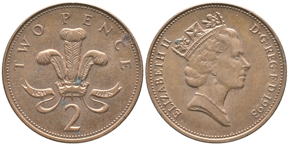 Великобритания 2 пенса 1993 Елизавета II (1952-2022) KM 936а, Spink 4386 (C4) сталь плакированная медью 4397-425