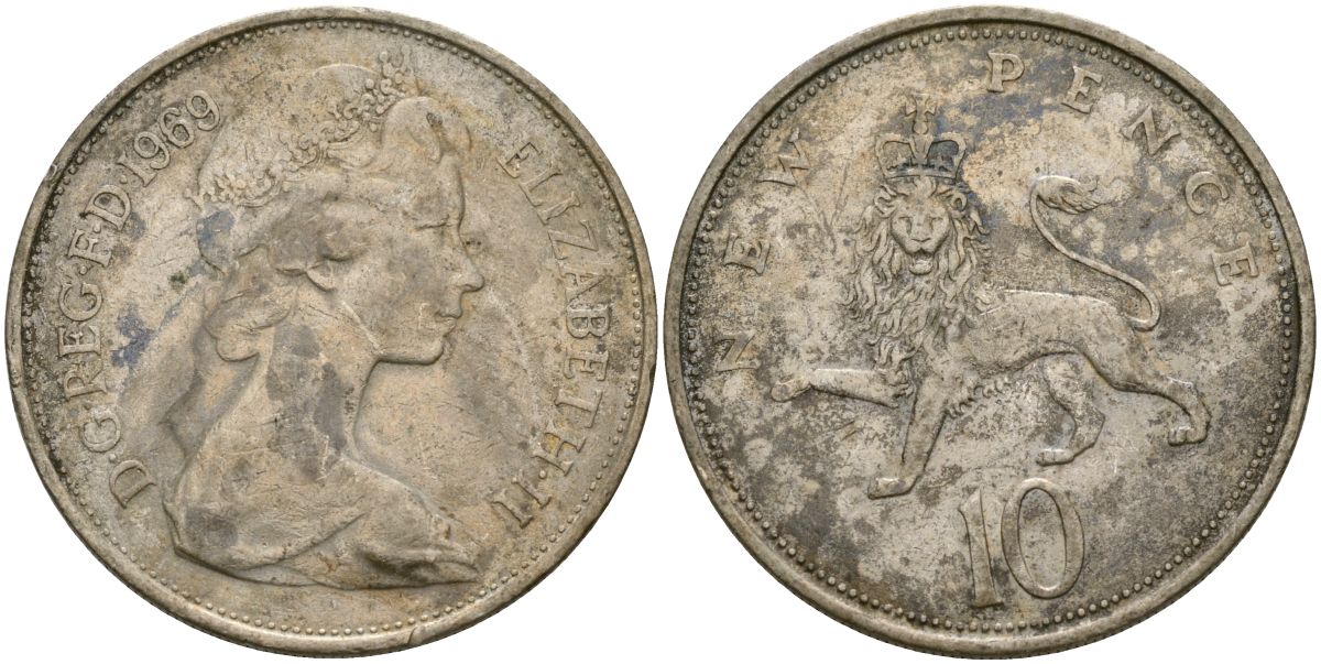 Великобритания 10 пенсов 1969 Елизавета II (1952-2022) KM 912, Spink 4231 (F1) медно-никель 4165-333