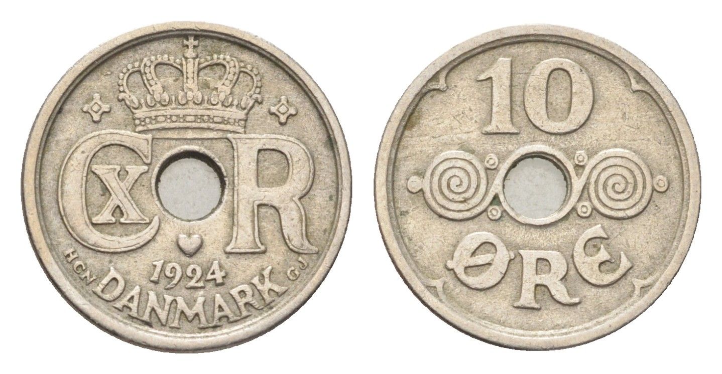 Дания 10 эре 1924 HCN; GJ, Кристиан X (1912-1947) KM 822 медно-никель 4705-734