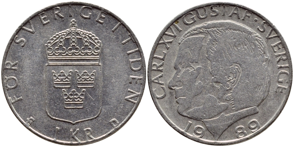 Швеция 1 крона 1989 Карл XVI Густав (1973- ) KM 852a медно-никель 4397-1255