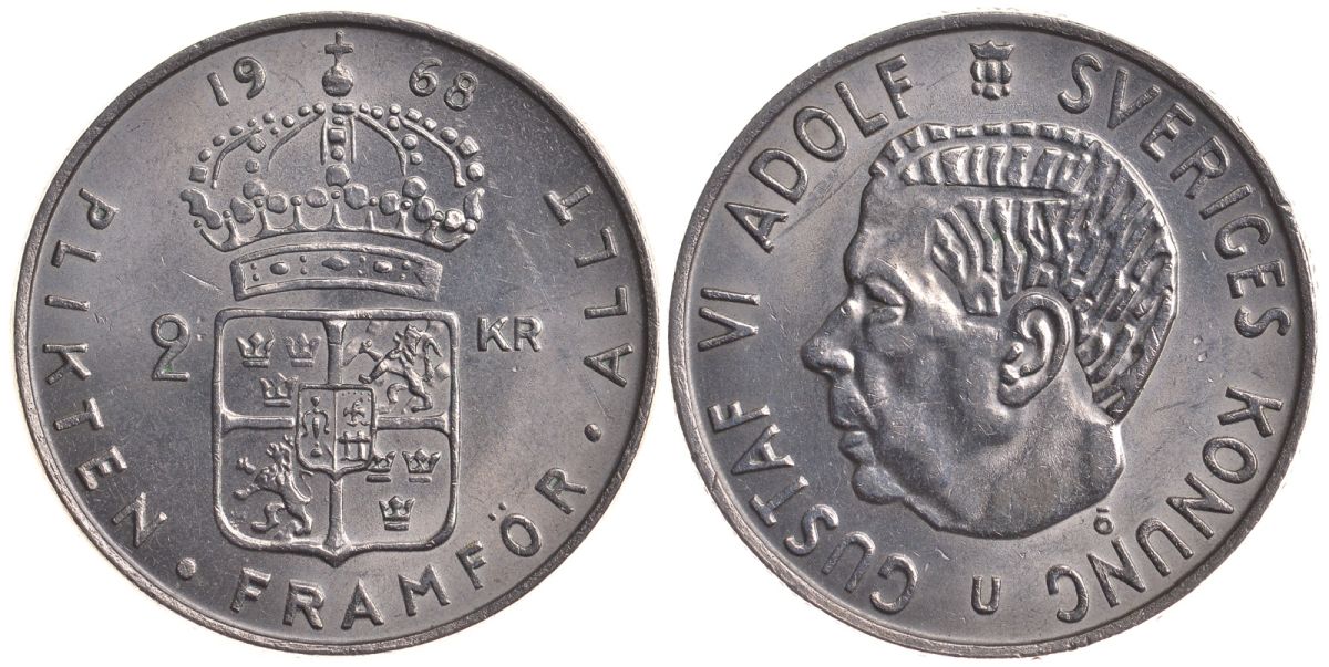 Швеция 2 кроны 1968 U, Густав VI Адольф (1950-1973) KM 827a медно-никель 59-216