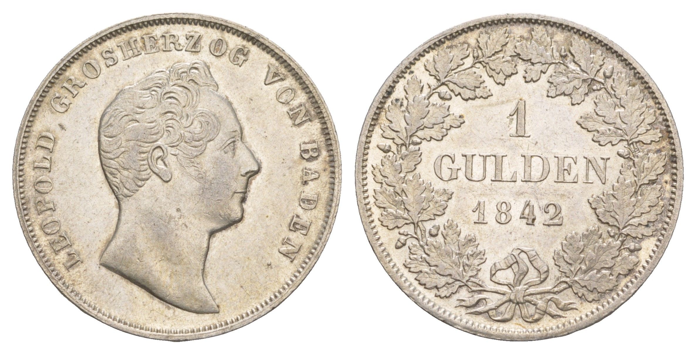 Баден 1 гульден 1842 Леопольд (1830-1852) KM 214, AKS 94, J. 56 серебро aUNC 00-822-86