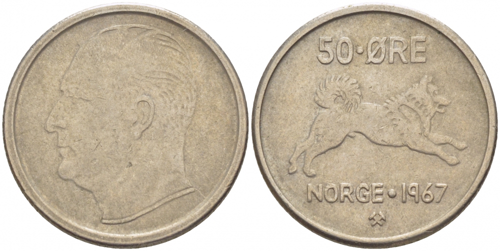 Норвегия 50 эре 1967 Улаф V (1957-1991), собака KM 408 медно-никель 3851-1255