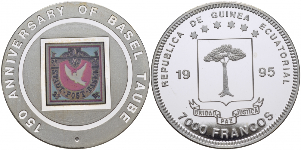 Экваториальная Гвинея 7000 франков 1995 150 лет первой Базельской почтовой марке "Taube" (голубка), цветная эмаль, тираж 7500 экз. KM 109 серебро PROOF 1077-1-63
