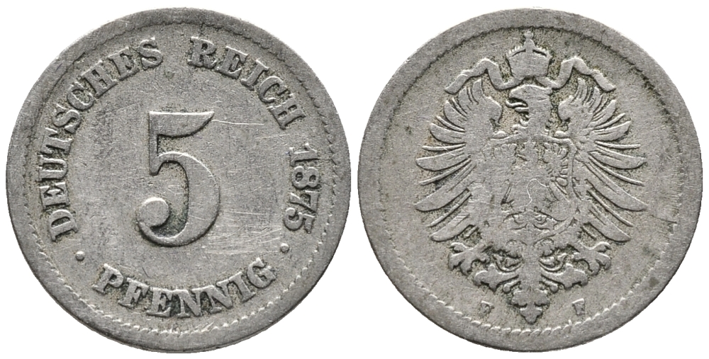 ГЕРМАНИЯ 5 ПФЕННИГОВ 1875 F, СТАРОГЕРБОВКА KM 3, J. 3 медно-никель 39-342