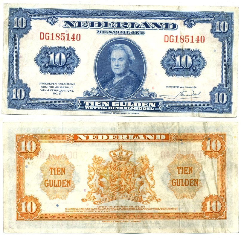 НИДЕРЛАНДЫ 10 ГУЛЬДЕНОВ 1943 Pick 66 бумага 7116-3-3