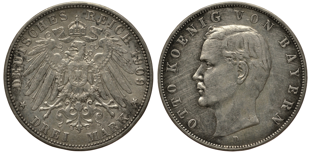 Бавария 3 марки 1909 Отто (1886-1913) Weege 45, J. 47, KM 515 серебро 3711-1912