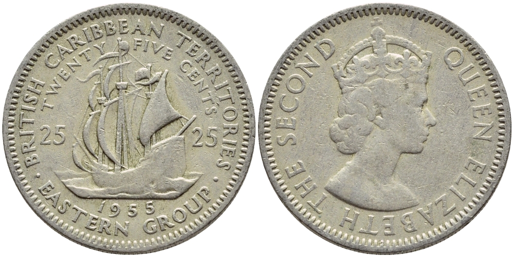 Британские Восточно-Карибские территории 25 центов 1955 Елизавета II (1952-2022), парусник KM 6 медно-никель 76-742
