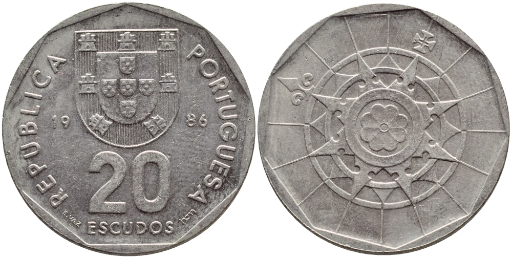 ПОРТУГАЛИЯ 20 ЭСКУДО 1986 INCM KM 634.1 медно-никель 4395-937