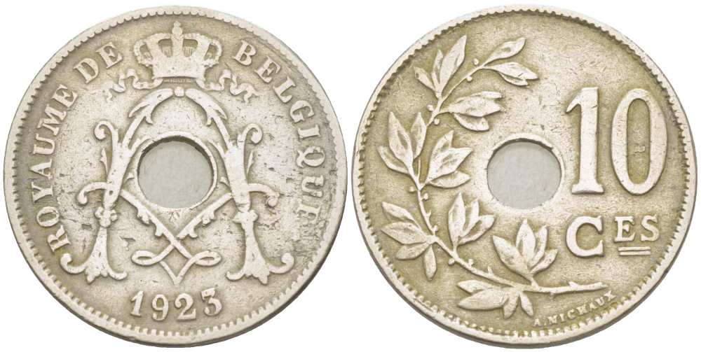 БЕЛЬГИЯ 10 САНТИМОВ 1923 BELGIQUE KM 85.1 медно-никель 210-1044