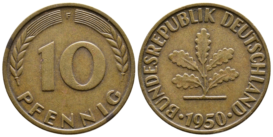 ФРГ 10 ПФЕННИГОВ 1950 F KM 108, J.383 сталь плакированная латунью 56-1011