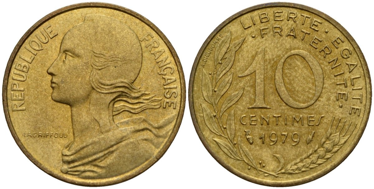 Франция 10 сантимов 1979 KM 929 алюминиевая бронза 4152-1062