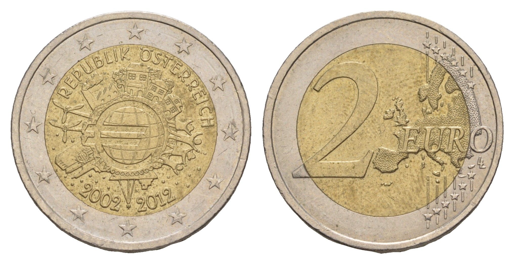 Австрия 2 евро 2012 10 лет монетарной политике и наличному евро KM 3205 биметалл aUNC 4637-551