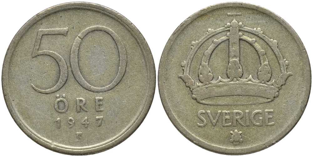 Швеция 50 эре 1947 TS, Густав V (1907-1950) KM 817 серебро 202-613