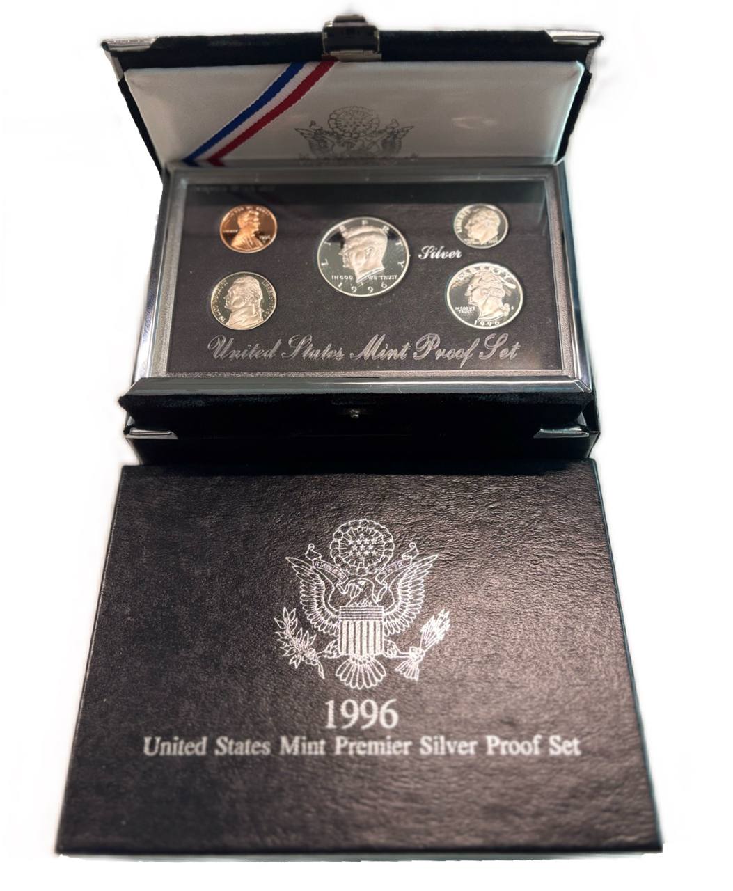 США официальный набор из 5 монет, в престижной упаковке 1996 S, Джон Кеннеди, в твердом пластике, Premier Silver Proof Set KM PS 188 серебро  PROOF  14-01-02-14