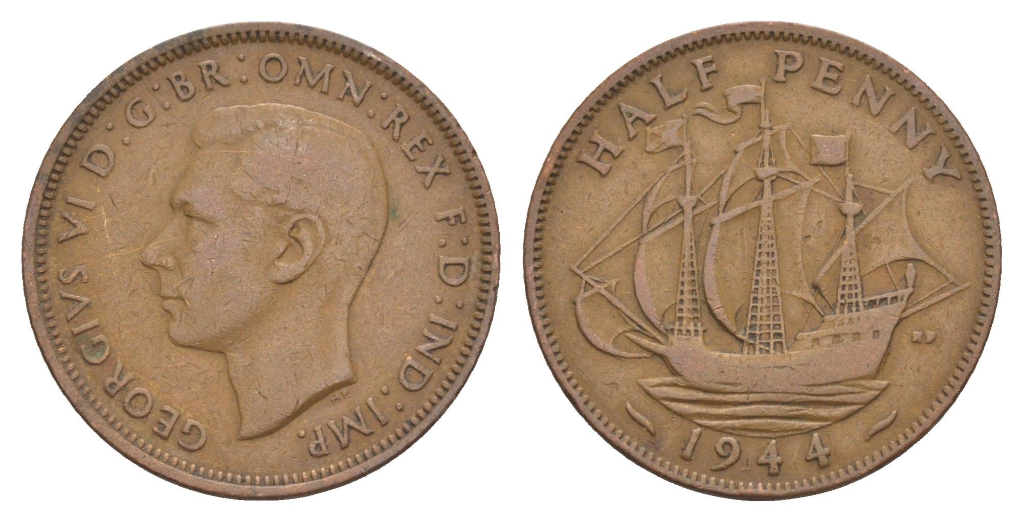 Великобритания 1/2 пенни 1944 Георг VI (1936-1952) KM 844, Spink 4115 бронза 4642-434