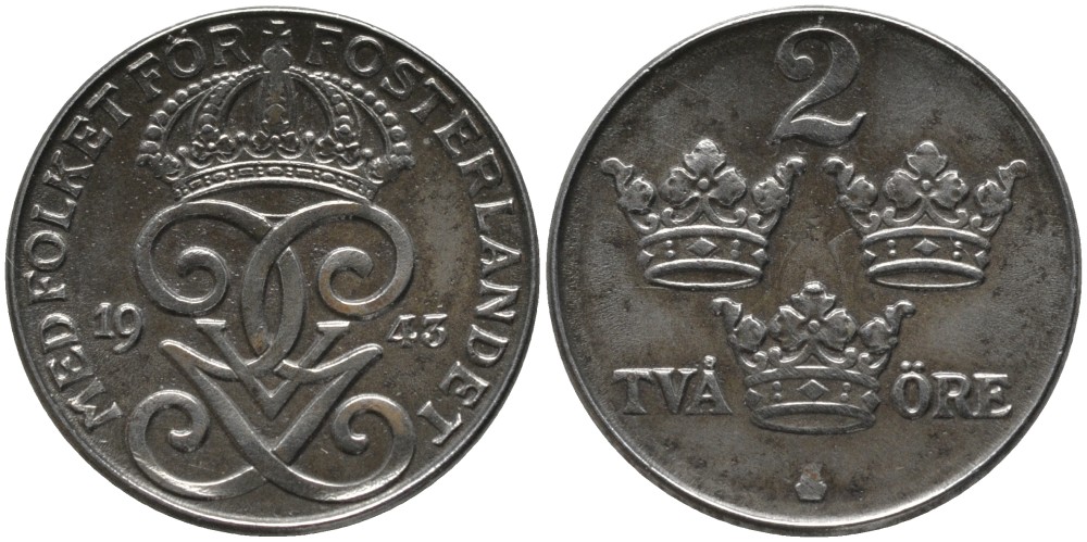 Швеция 2 эре 1943 Густав V (1907-1950) KM 811 железо 63-851