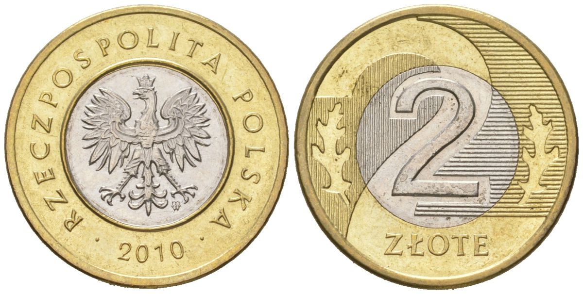 Польша 2 злотых 2010 MW KM 283 биметалл UNC 4566-615