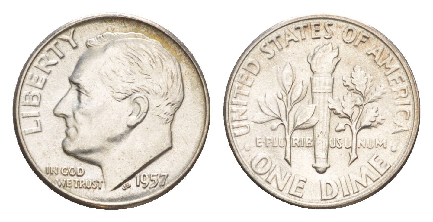 США 1 дайм (10 центов) 1957 KM 195 серебро aUNC 4639-228