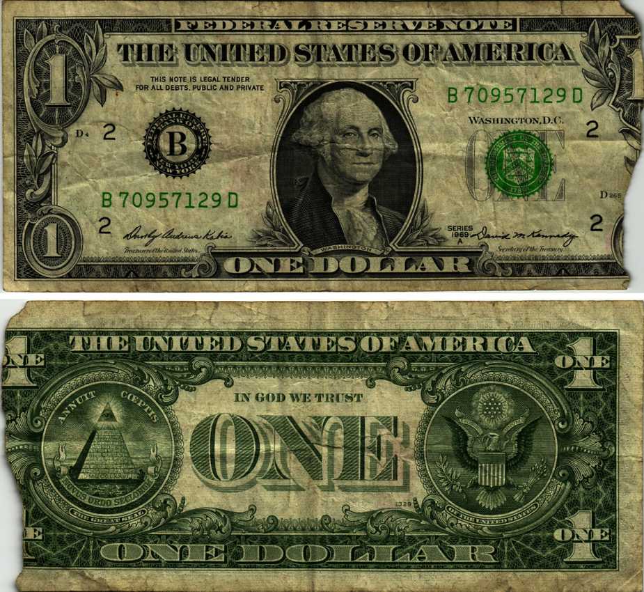 США 1 ДОЛЛАР 1969 А, БУКВА В, НЬЮ ЙОРК, ШТАТ НЬЮ ЙОРК Pick 449b бумага 6266-9-2