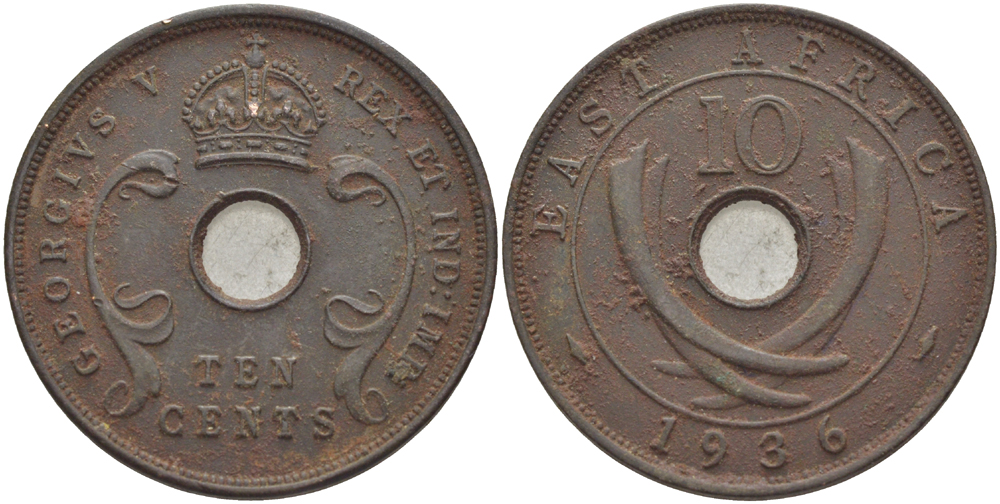 Британская Восточная Африка 10 центов 1936 Георг V (1910-1936) KM 19 бронза 3333-1131