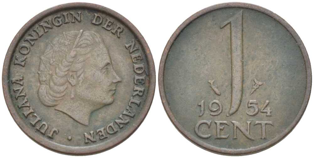 Нидерланды 1 цент 1954 Юлиана (1949-1980) KM 180 бронза 214-1027