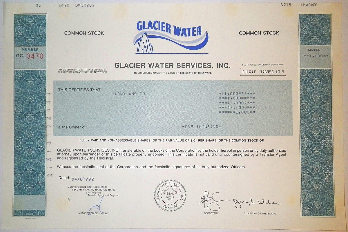 США, Glacier Water Services, Inc 1000 акций 1992 бумага 8805-46-1