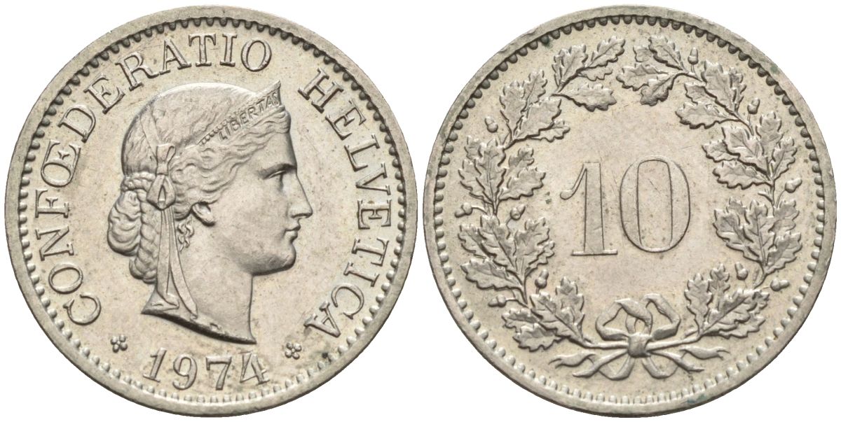 Швейцария 10 раппенов 1974 KM 27 медно-никель 4152-562