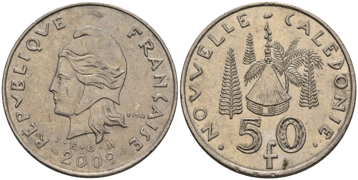 Французская Новая Каледония 50 франков 2009 хижина среди сосен и пальм, (IEOM) KM 13a, Schoen 15a, Lec 128i медно-никель 4111-824